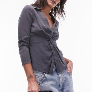 Topshop Gray Twist Front Notched Collar Blouse Runs Small